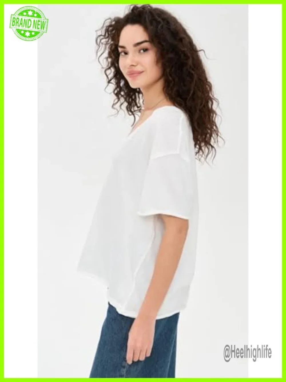 Free People Nina V-Neck Tee Lightweight Jersey Puff Sleeve Top